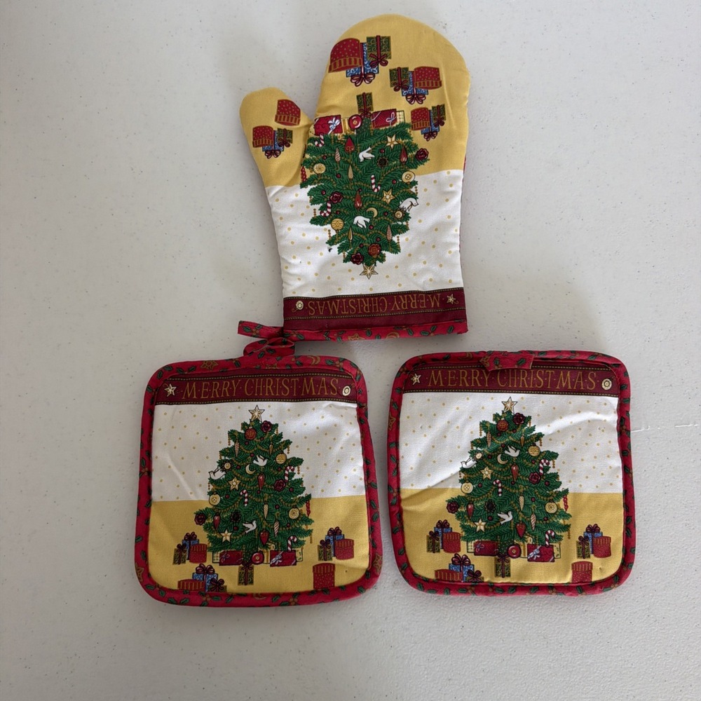 Seasonal VTG 100% Cotton Christmas Tree Oven Mitt & Pot Holder Kitchen Decor Set